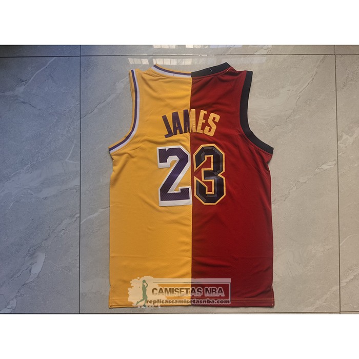 Camiseta Cleveland Cavaliers Los Angeles Lakers LeBron James NO 23 Split Rojo Amarillo